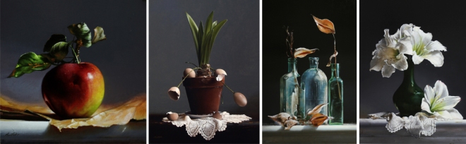 Works by Larry Preston Left to right: "The Apple," "Egg Plant," "Old Bottles," and "Green Vase Amaryllis"